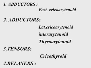 1. ABDUCTORS :
Post. cricoarytenoid
2. ADDUCTORS:
Lat.cricoarytenoid
interarytenoid
Thyroarytenoid
3.TENSORS:
Cricothyroid
4.RELAXERS :
 
