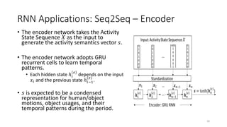 RNN Applications: Seq2Seq – Encoder
• The encoder network takes the Activity
State Sequence 𝑋 as the input to
generate the activity semantics vector 𝑠.
• The encoder network adopts GRU
recurrent cells to learn temporal
patterns.
• Each hidden state ℎ𝑖
𝑒
depends on the input
𝑥𝑖 and the previous state ℎ𝑖−1
𝑒
.
• 𝑠 is expected to be a condensed
representation for human/object
motions, object usages, and their
temporal patterns during the period.
30
 