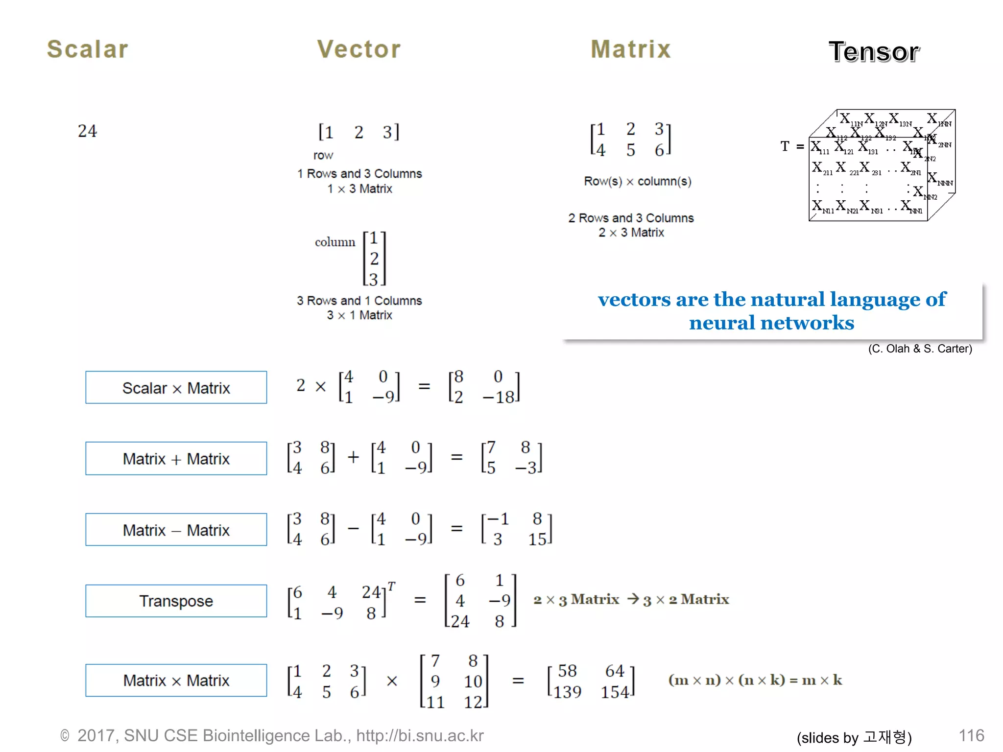 © 2017, SNU CSE Biointelligence Lab., http://bi.snu.ac.kr 116(slides by 고재형)
vectors are the natural language of
neural networks
(C. Olah & S. Carter)
 