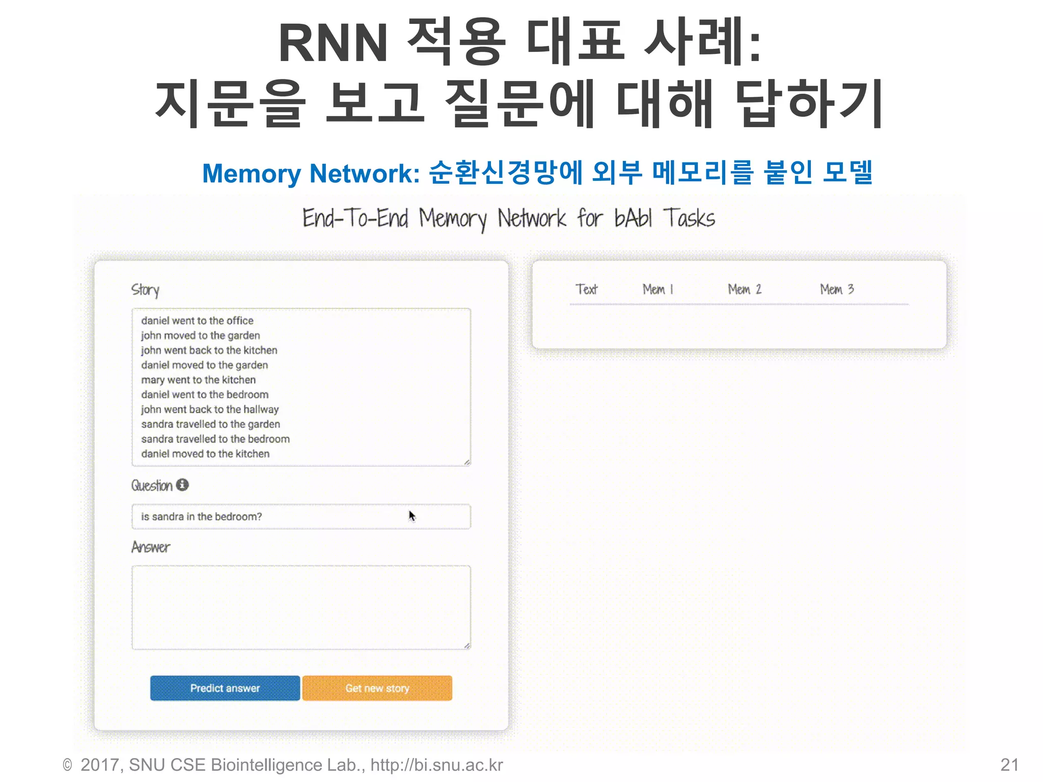 RNN 적용 대표 사례:
지문을 보고 질문에 대해 답하기
© 2017, SNU CSE Biointelligence Lab., http://bi.snu.ac.kr 21
Memory Network: 순환신경망에 외부 메모리를 붙인 모델
 