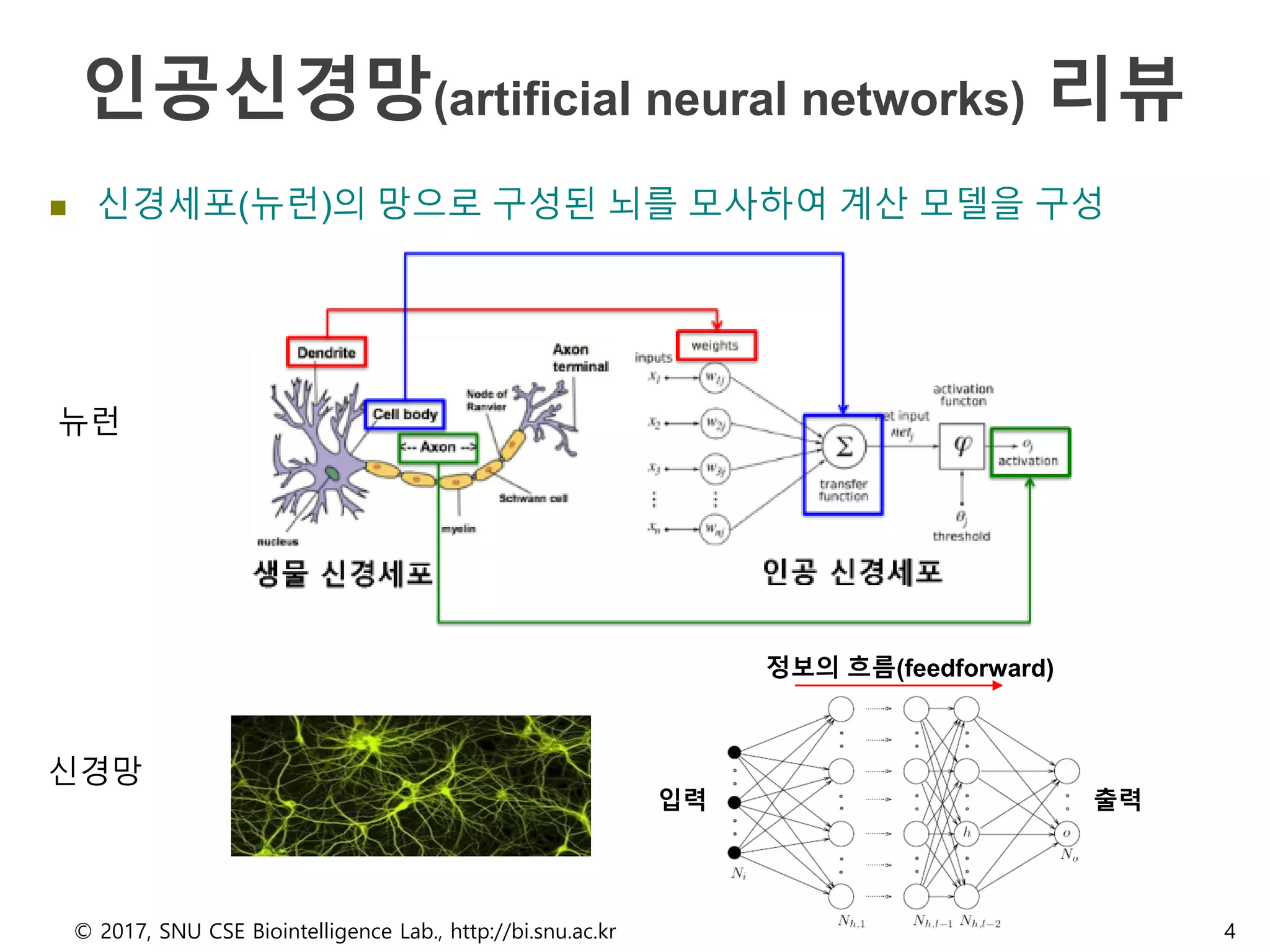 인공신경망(artificial neural networks) 리뷰
 신경세포(뉴런)의 망으로 구성된 뇌를 모사하여 계산 모델을 구성
© 2017, SNU CSE Biointelligence Lab., http://bi.snu.ac.kr 4
입력 출력
정보의 흐름(feedforward)
뉴런
신경망
 