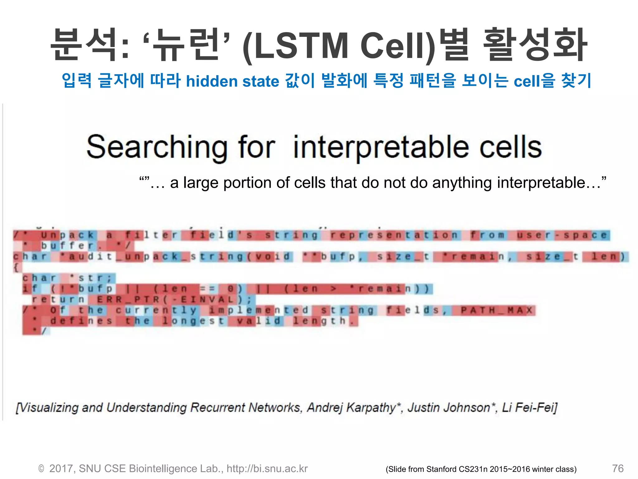분석: ‘뉴런’ (LSTM Cell)별 활성화
© 2017, SNU CSE Biointelligence Lab., http://bi.snu.ac.kr 76(Slide from Stanford CS231n 2015~2016 winter class)
입력 글자에 따라 hidden state 값이 발화에 특정 패턴을 보이는 cell을 찾기
“”… a large portion of cells that do not do anything interpretable…”
 
