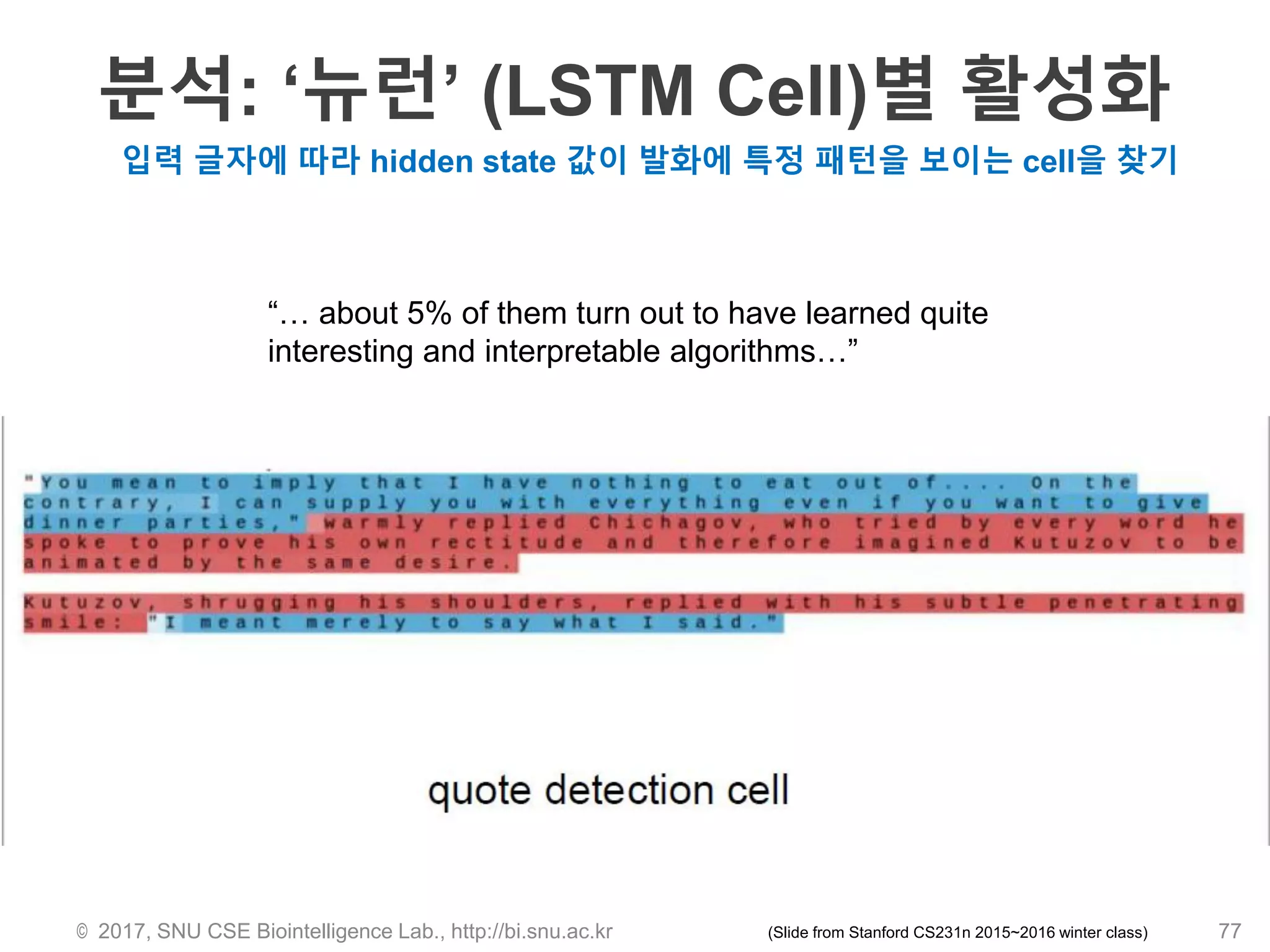 분석: ‘뉴런’ (LSTM Cell)별 활성화
© 2017, SNU CSE Biointelligence Lab., http://bi.snu.ac.kr 77(Slide from Stanford CS231n 2015~2016 winter class)
“… about 5% of them turn out to have learned quite
interesting and interpretable algorithms…”
입력 글자에 따라 hidden state 값이 발화에 특정 패턴을 보이는 cell을 찾기
 