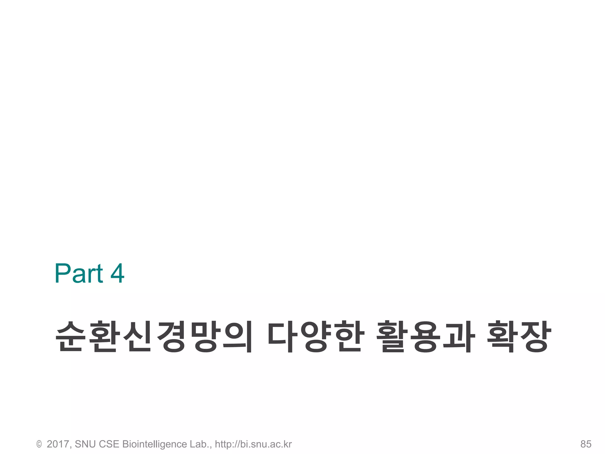 순환신경망의 다양한 활용과 확장
Part 4
© 2017, SNU CSE Biointelligence Lab., http://bi.snu.ac.kr 85
 
