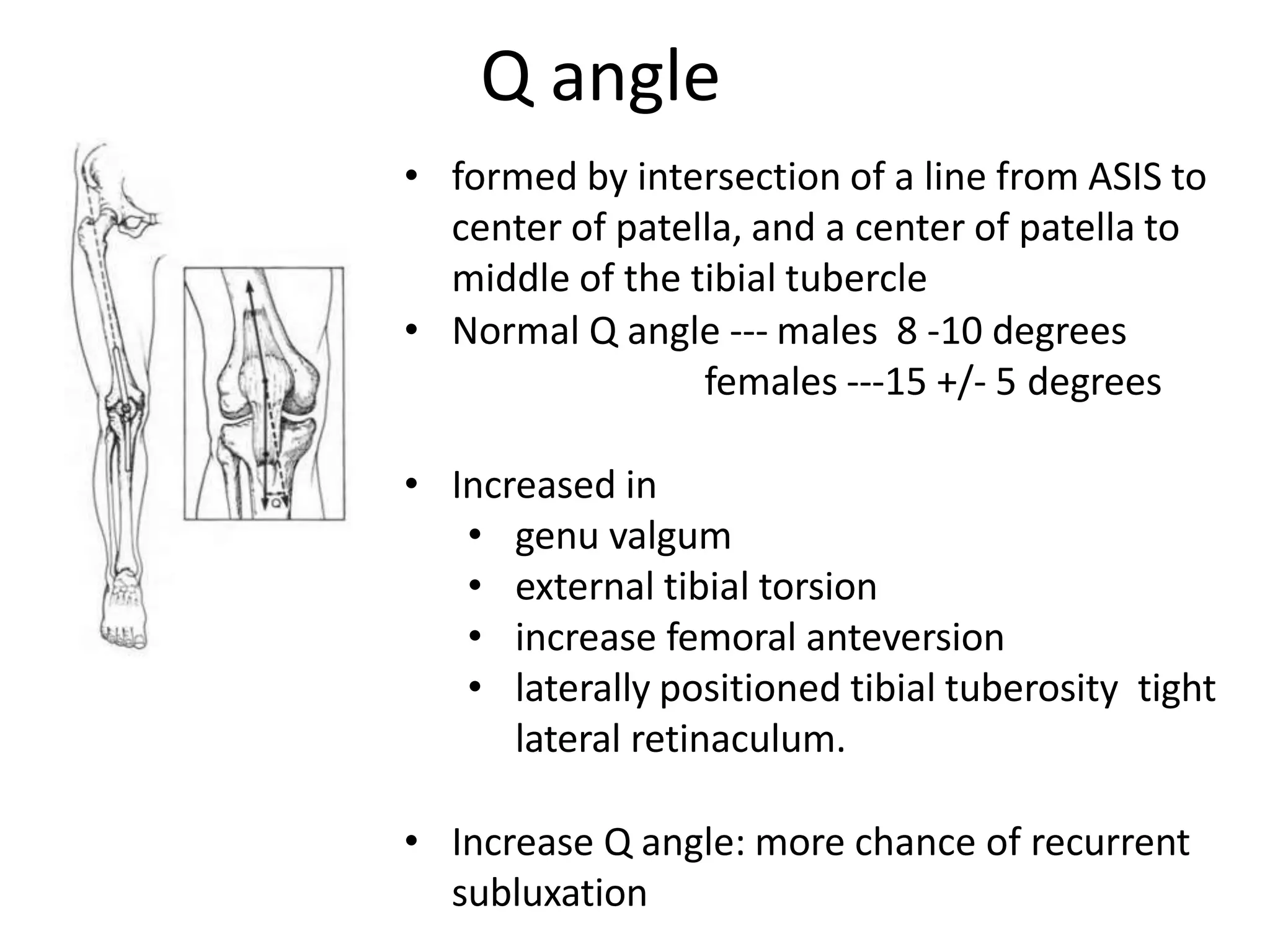 • formed by intersection of a line from ASIS to
center of patella, and a center of patella to
middle of the tibial tubercle
• Normal Q angle --- males 8 -10 degrees
females ---15 +/- 5 degrees
• Increased in
• genu valgum
• external tibial torsion
• increase femoral anteversion
• laterally positioned tibial tuberosity tight
lateral retinaculum.
• Increase Q angle: more chance of recurrent
subluxation
Q angle
 