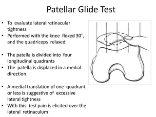 • To evaluate lateral retinacular
tightness
• Performed with the knee flexed 30˚,
and the quadriceps relaxed
• The patella is divided into four
longitudinal quadrants
• The patella is displaced in a medial
direction
• A medial translation of one quadrant
or less is suggestive of excessive
lateral tightness
• With this test pain is elicited over the
lateral retinaculum
Patellar Glide Test
 