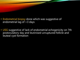 • Endometrial biopsy done which was suggestive of
endometrial lag of >3 days
• USG suggestive of lack of endometrial echogenicity on 7th
postovulatory day and leutinised unruptured follicle and
leuteal cyst formation
 