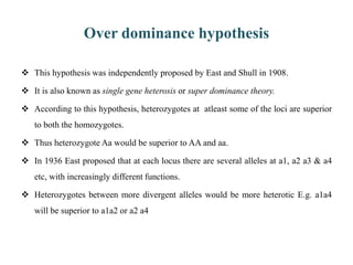 Over dominance hypothesis
 This hypothesis was independently proposed by East and Shull in 1908.
 It is also known as single gene heterosis or super dominance theory.
 According to this hypothesis, heterozygotes at atleast some of the loci are superior
to both the homozygotes.
 Thus heterozygote Aa would be superior to AA and aa.
 In 1936 East proposed that at each locus there are several alleles at a1, a2 a3 & a4
etc, with increasingly different functions.
 Heterozygotes between more divergent alleles would be more heterotic E.g. a1a4
will be superior to a1a2 or a2 a4
 