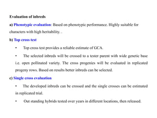 Evaluation of inbreds
a) Phenotypic evaluation: Based on phenotypic performance. Highly suitable for
characters with high heritability. .
b) Top cross test
• Top cross test provides a reliable estimate of GCA.
• The selected inbreds will be crossed to a tester parent with wide genetic base
i.e. open pollinated variety. The cross progenies will be evaluated in replicated
progeny rows. Based on results better inbreds can be selected.
c) Single cross evaluation
• The developed inbreds can be crossed and the single crosses can be estimated
in replicated trial.
• Out standing hybrids tested over years in different locations, then released.
 