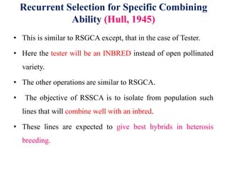 Recurrent Selection for Specific Combining
Ability (Hull, 1945)
• This is similar to RSGCA except, that in the case of Tester.
• Here the tester will be an INBRED instead of open pollinated
variety.
• The other operations are similar to RSGCA.
• The objective of RSSCA is to isolate from population such
lines that will combine well with an inbred.
• These lines are expected to give best hybrids in heterosis
breeding.
 