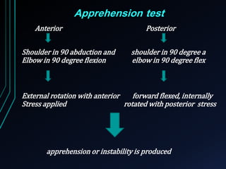 Apprehension test 
Anterior Posterior 
Shoulder in 90 abduction and shoulder in 90 degree a 
Elbow in 90 degree flexion elbow in 90 degree flex 
External rotation with anterior forward flexed, internally 
Stress applied rotated with posterior stress 
apprehension or instability is produced 
 