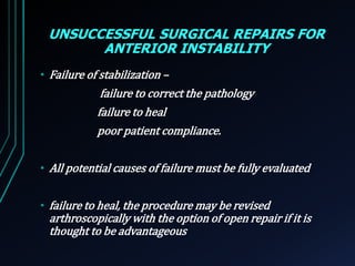UNSUCCESSFUL SURGICAL REPAIRS FOR 
ANTERIOR INSTABILITY 
• Failure of stabilization – 
failure to correct the pathology 
failure to heal 
poor patient compliance. 
• All potential causes of failure must be fully evaluated 
• failure to heal, the procedure may be revised 
arthroscopically with the option of open repair if it is 
thought to be advantageous 
 