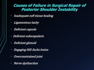 Causes of Failure in Surgical Repair of 
Posterior Shoulder Instability 
• Inadequate soft tissue healing 
• Ligamentous laxity 
• Deficient capsule 
• Deficient subscapularis 
• Deficient glenoid 
• Engaging Hill-Sachs lesion 
• Overconstrained joint 
• Nerve dysfunction 
 