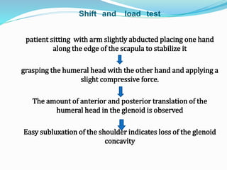 Shift and load test
patient sitting with arm slightly abducted placing one hand
along the edge of the scapula to stabilize it
grasping the humeral head with the other hand and applying a
slight compressive force.
The amount of anterior and posterior translation of the
humeral head in the glenoid is observed
Easy subluxation of the shoulder indicates loss of the glenoid
concavity
 