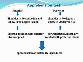 Apprehension test
Anterior Posterior
Shoulder in 90 abduction and shoulder in 90 degree a
Elbow in 90 degree flexion elbow in 90 degree flex
External rotation with anterior forward flexed, internally
Stress applied rotated with posterior stress
apprehension or instability is produced
 