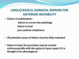 UNSUCCESSFUL SURGICAL REPAIRS FOR
ANTERIOR INSTABILITY
 Failure of stabilization –
failure to correct the pathology
failure to heal
poor patient compliance.
 All potential causes of failure must be fully evaluated
 failure to heal, the procedure may be revised
arthroscopically with the option of open repair if it is
thought to be advantageous
 