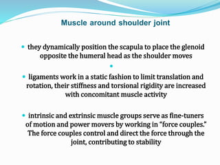Muscle around shoulder joint
 they dynamically position the scapula to place the glenoid
opposite the humeral head as the shoulder moves

 ligaments work in a static fashion to limit translation and
rotation, their stiffness and torsional rigidity are increased
with concomitant muscle activity
 intrinsic and extrinsic muscle groups serve as fine-tuners
of motion and power movers by working in “force couples.”
The force couples control and direct the force through the
joint, contributing to stability
 