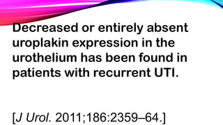 Decreased or entirely absent
uroplakin expression in the
urothelium has been found in
patients with recurrent UTI.
[J Urol. 2011;186:2359–64.]
 