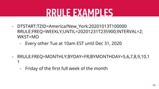 RRULE EXAMPLES
11
- DTSTART;TZID=America/New_York:20201013T100000
RRULE:FREQ=WEEKLY;UNTIL=20201231T235900;INTERVAL=2;
WKST...