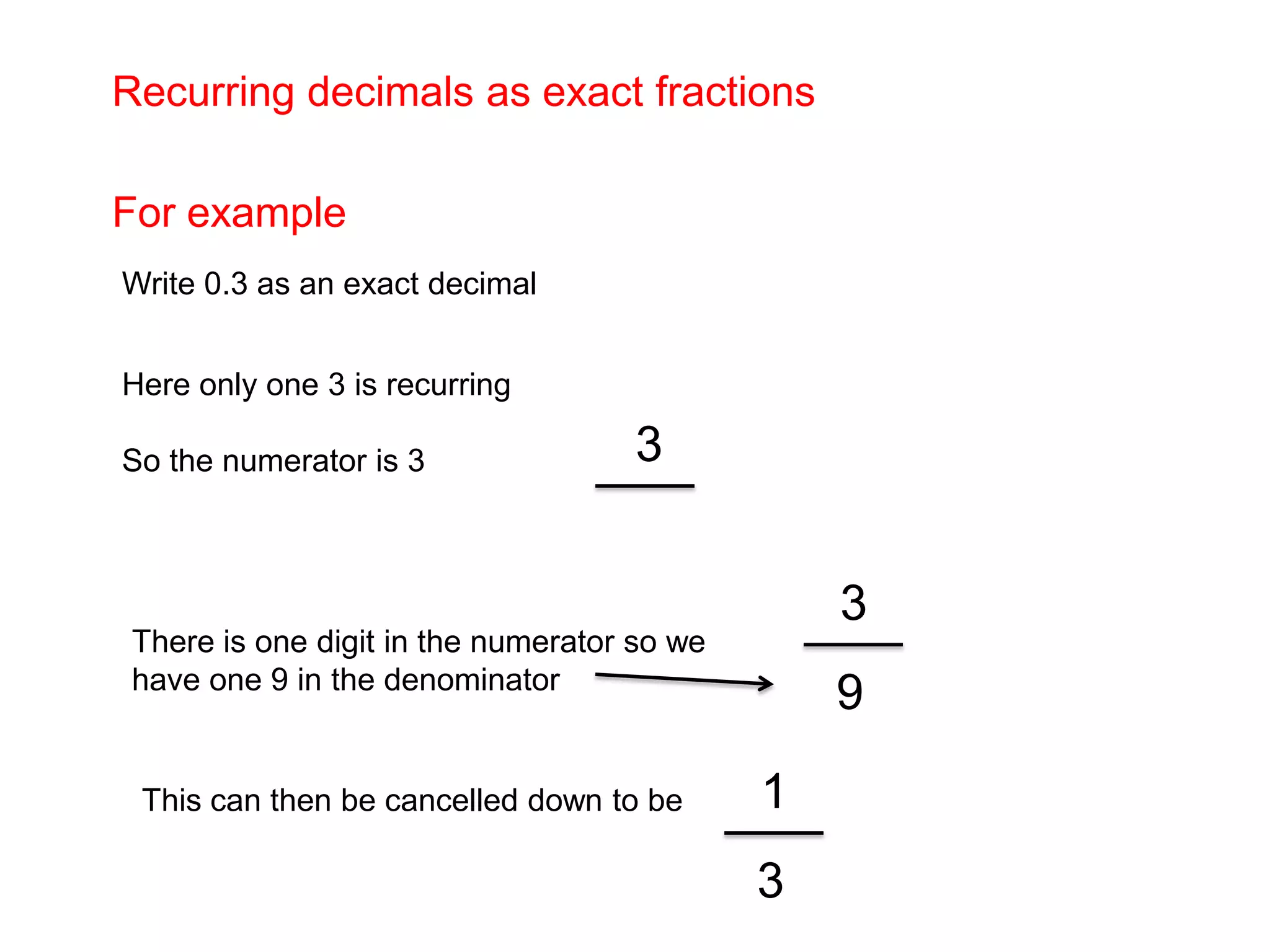Recurring decimals as exact fractionsFor example Write 0.3 as an exact decimal Here only one 3 is recurring So the numerator is 3     3 3 1There is one digit in the numerator so we have one 9 in the denominator9This can then be cancelled down to be   3