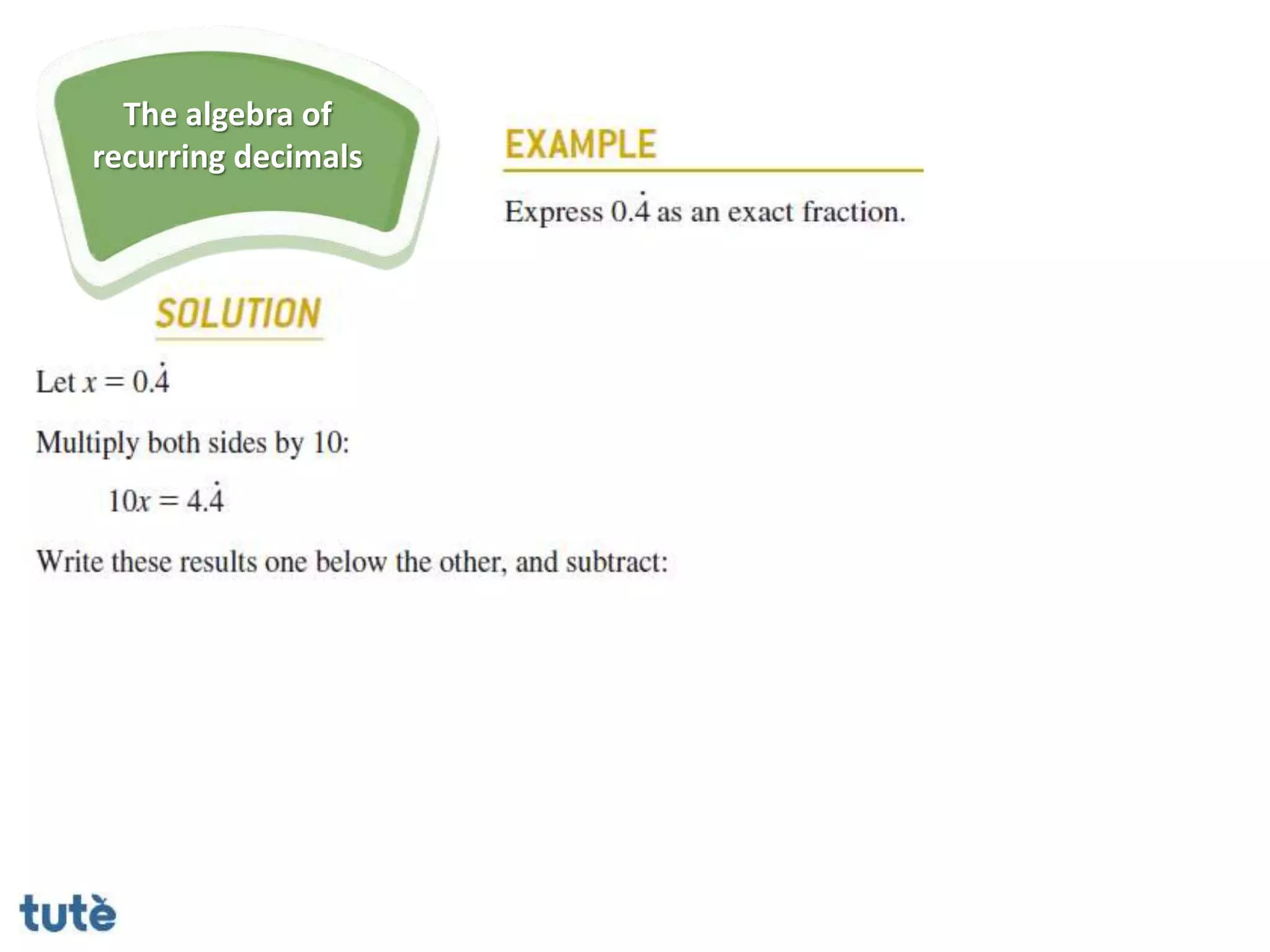 The algebra of
recurring decimals
 