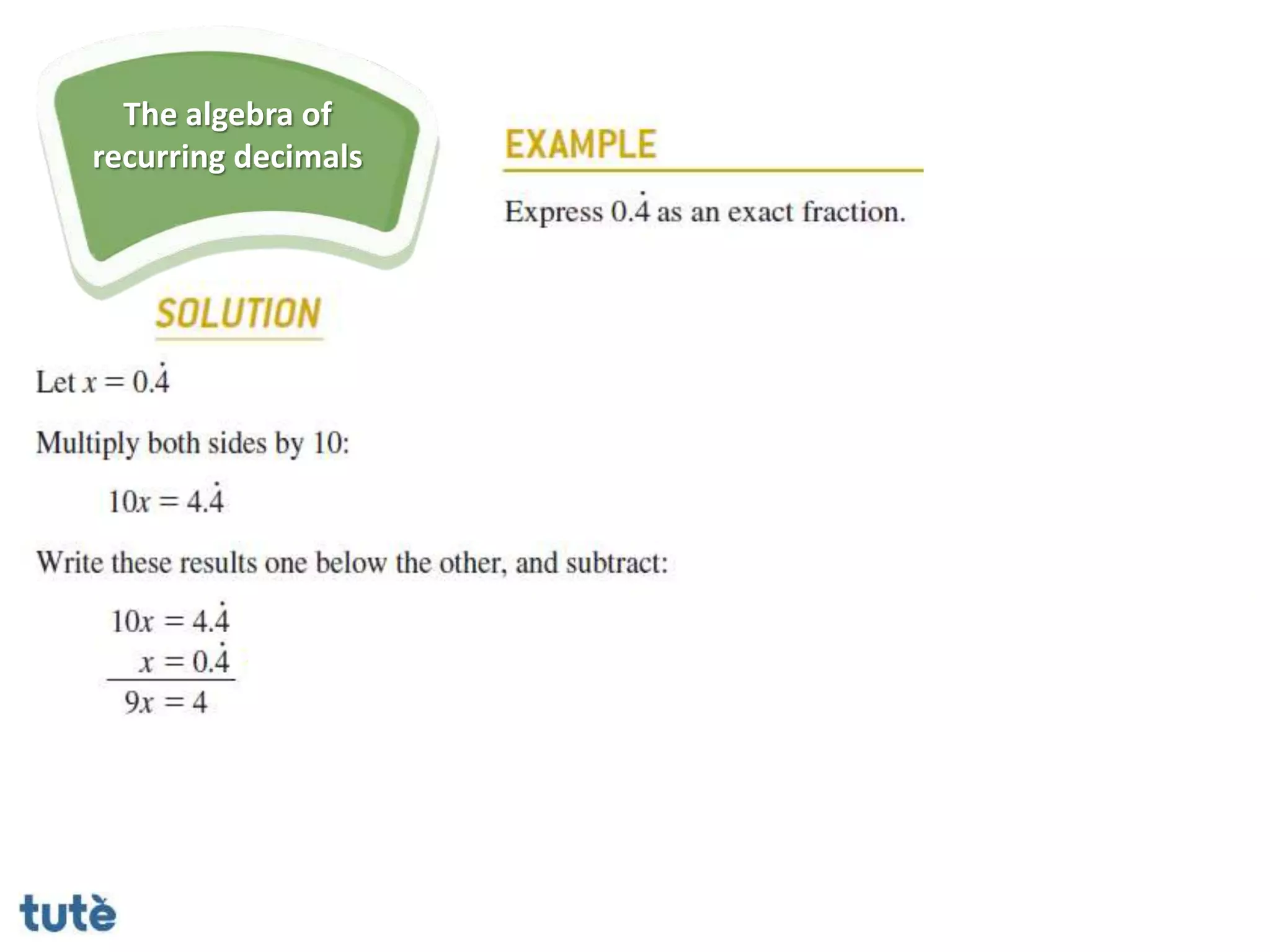 The algebra of
recurring decimals
 