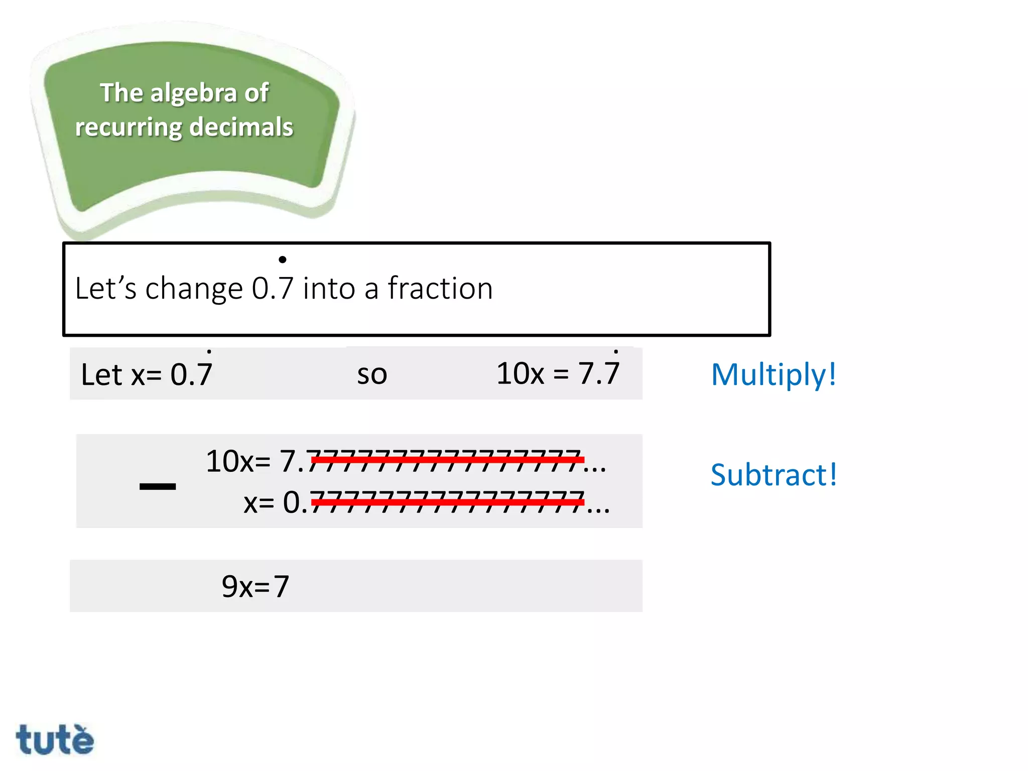 Let x= 0.7 so 10x = 7.7
. .
10x= 7.7777777777777777...
x= 0.7777777777777777...
9x=7
Let’s change 0.7 into a fraction
Multiply!
Subtract!
The algebra of
recurring decimals
 