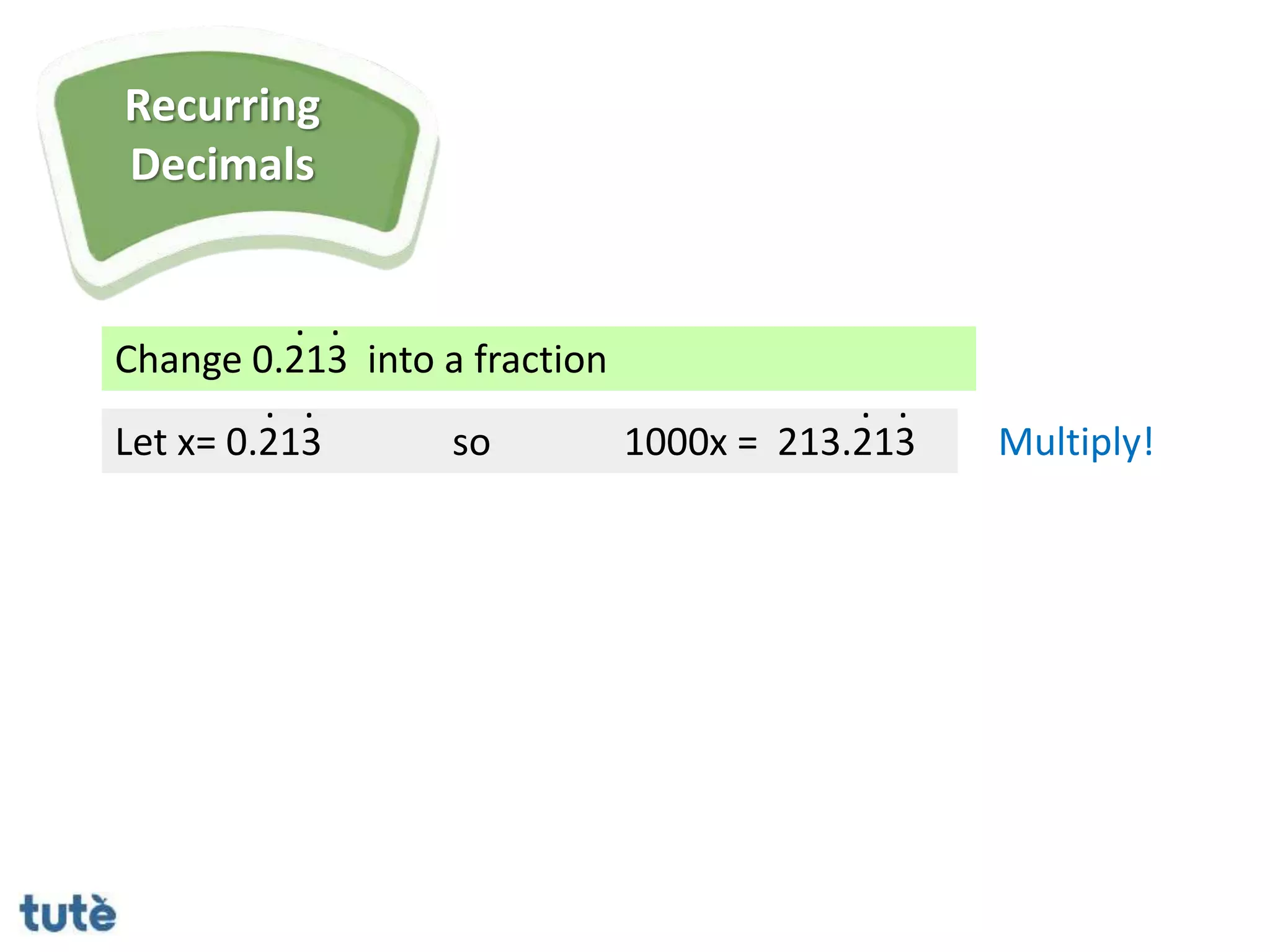 Change 0.213 into a fraction
. .
Let x= 0.213
. .
so 1000x = 213.213
. .
Multiply!
Recurring
Decimals
 