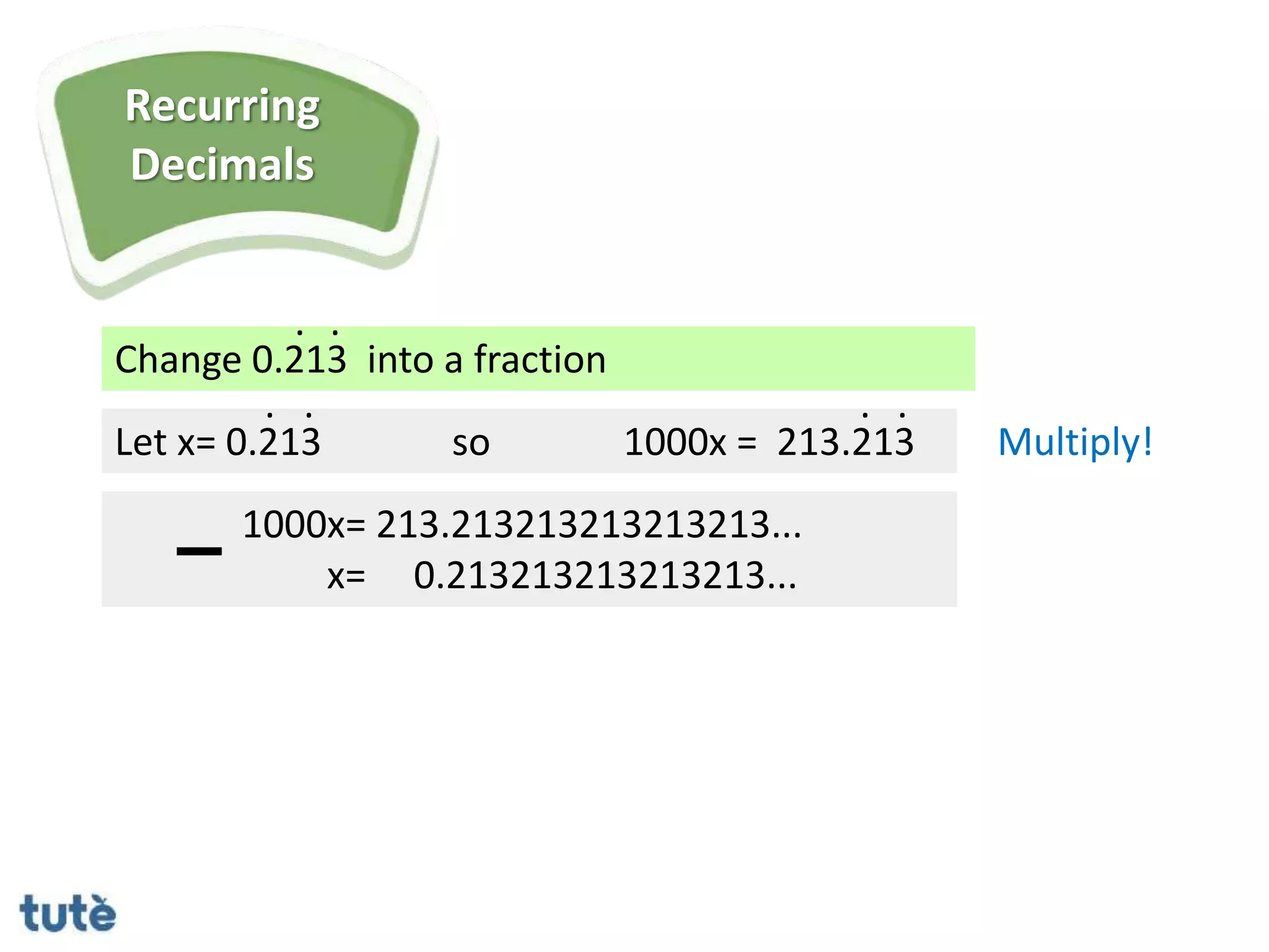 Change 0.213 into a fraction
. .
Let x= 0.213
1000x= 213.213213213213213...
x= 0.213213213213213...
. .
so 1000x = 213.213
. .
Multiply!
Recurring
Decimals
 
