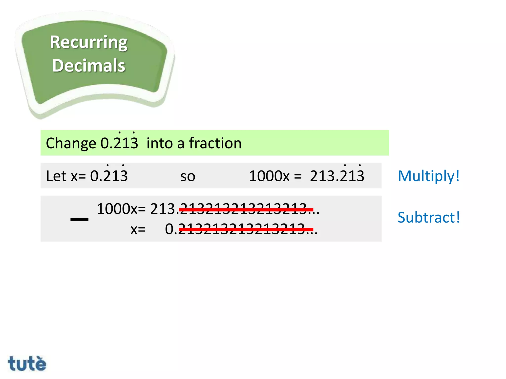 Change 0.213 into a fraction
. .
Let x= 0.213
1000x= 213.213213213213213...
x= 0.213213213213213...
. .
so 1000x = 213.213
. .
Multiply!
Subtract!
Recurring
Decimals
 