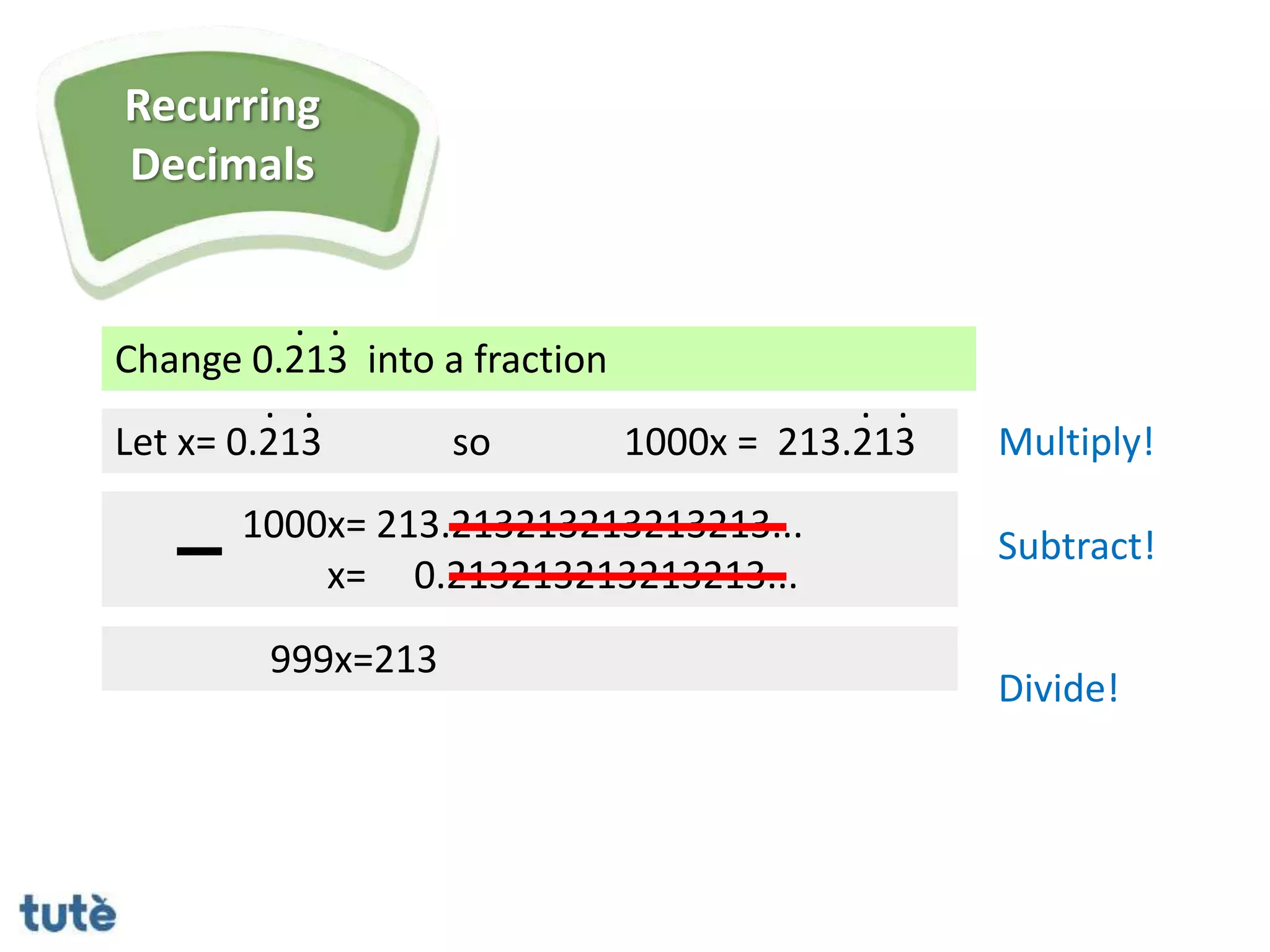 Change 0.213 into a fraction
. .
Let x= 0.213
1000x= 213.213213213213213...
x= 0.213213213213213...
999x=
. .
so 1000x = 213.213
. .
Multiply!
Subtract!
Divide!
213
Recurring
Decimals
 
