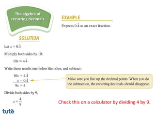 The algebra of
recurring decimals
Check this on a calculator by dividing 4 by 9.
 