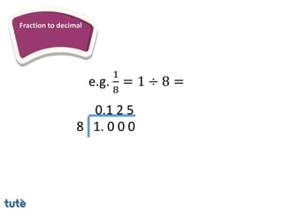 Fraction to decimal
e.g.
1
8
= 1 ÷ 8 =
8 1. 0 0 0
0.1 2 5
 