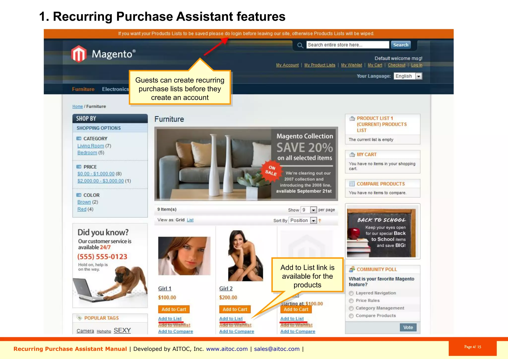 Aitoc2. Grocery List features (front-end)
A new “Products List” tab is added.
A new “My Product Lists” link is added.
 