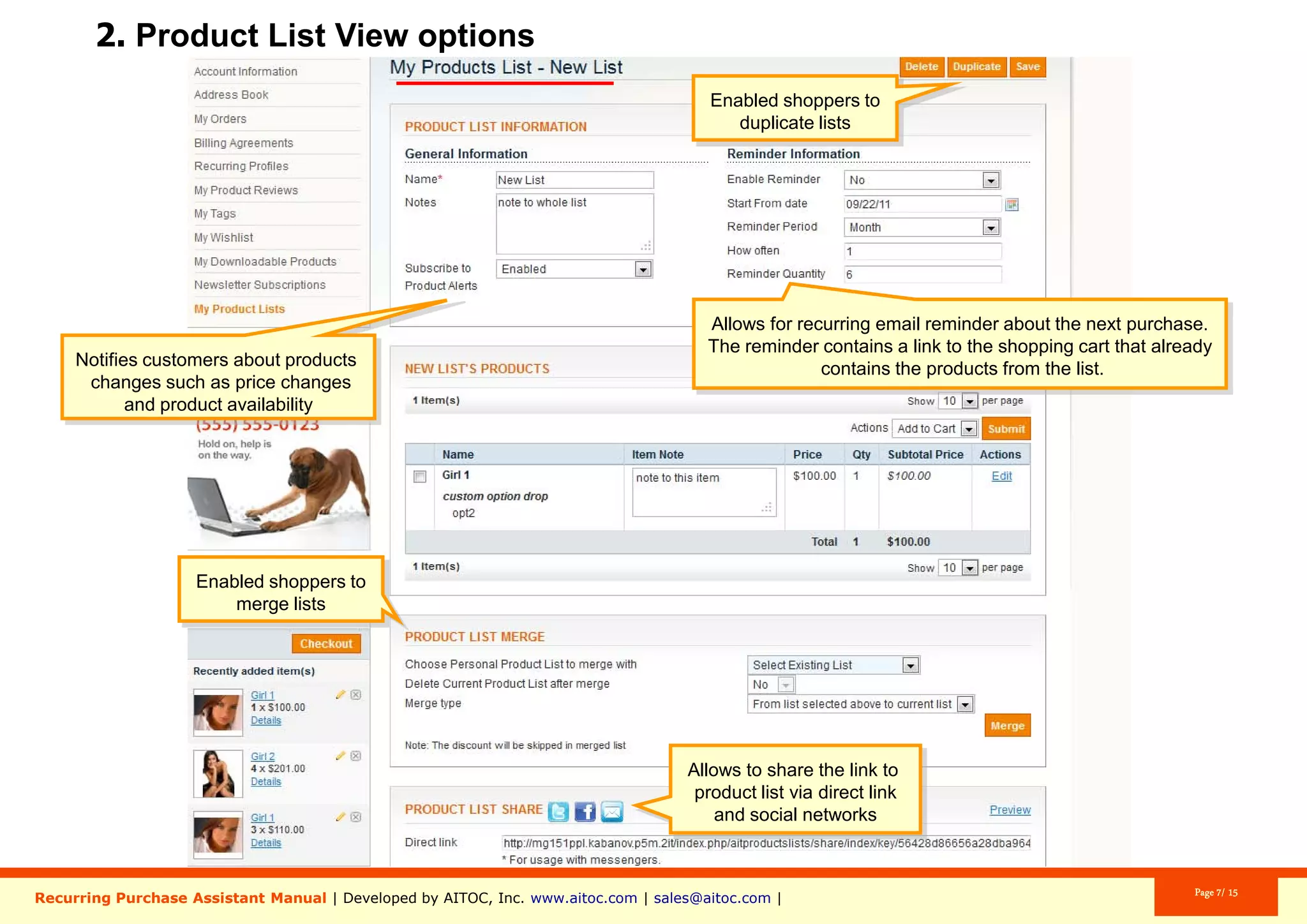 Aitoc2. Grocery List features (front-end)
Customers can add a product to an
existing or a new Grocery List (it’s easy to
create a new list from the product page).
Customers can add notes to the whole list
or to the specific item they’re adding.
 
