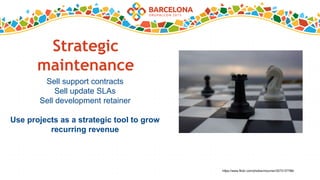 Strategic
maintenance
Sell support contracts
Sell update SLAs
Sell development retainer
Use projects as a strategic tool to grow
recurring revenue
https://www.flickr.com/photos/mourner/3273137788/
 