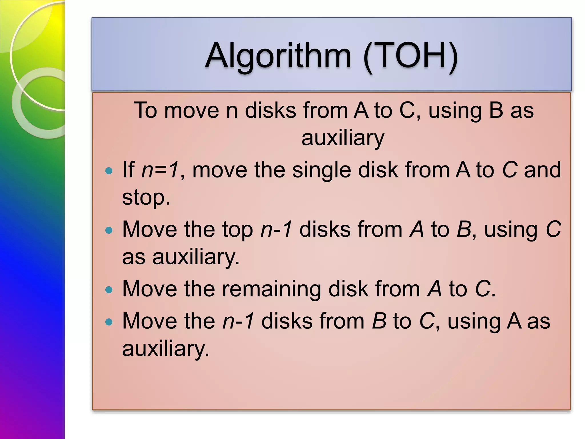 Algorithm (TOH)
To move n disks from A to C, using B as
auxiliary
 If n=1, move the single disk from A to C and
stop.
 Move the top n-1 disks from A to B, using C
as auxiliary.
 Move the remaining disk from A to C.
 Move the n-1 disks from B to C, using A as
auxiliary.
 