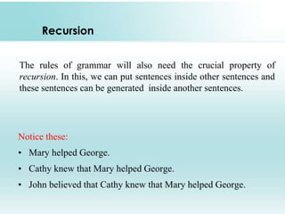 Recursion
Notice these:
• Mary helped George.
• Cathy knew that Mary helped George.
• John believed that Cathy knew that Mary helped George.
The rules of grammar will also need the crucial property of
recursion. In this, we can put sentences inside other sentences and
these sentences can be generated inside another sentences.
 