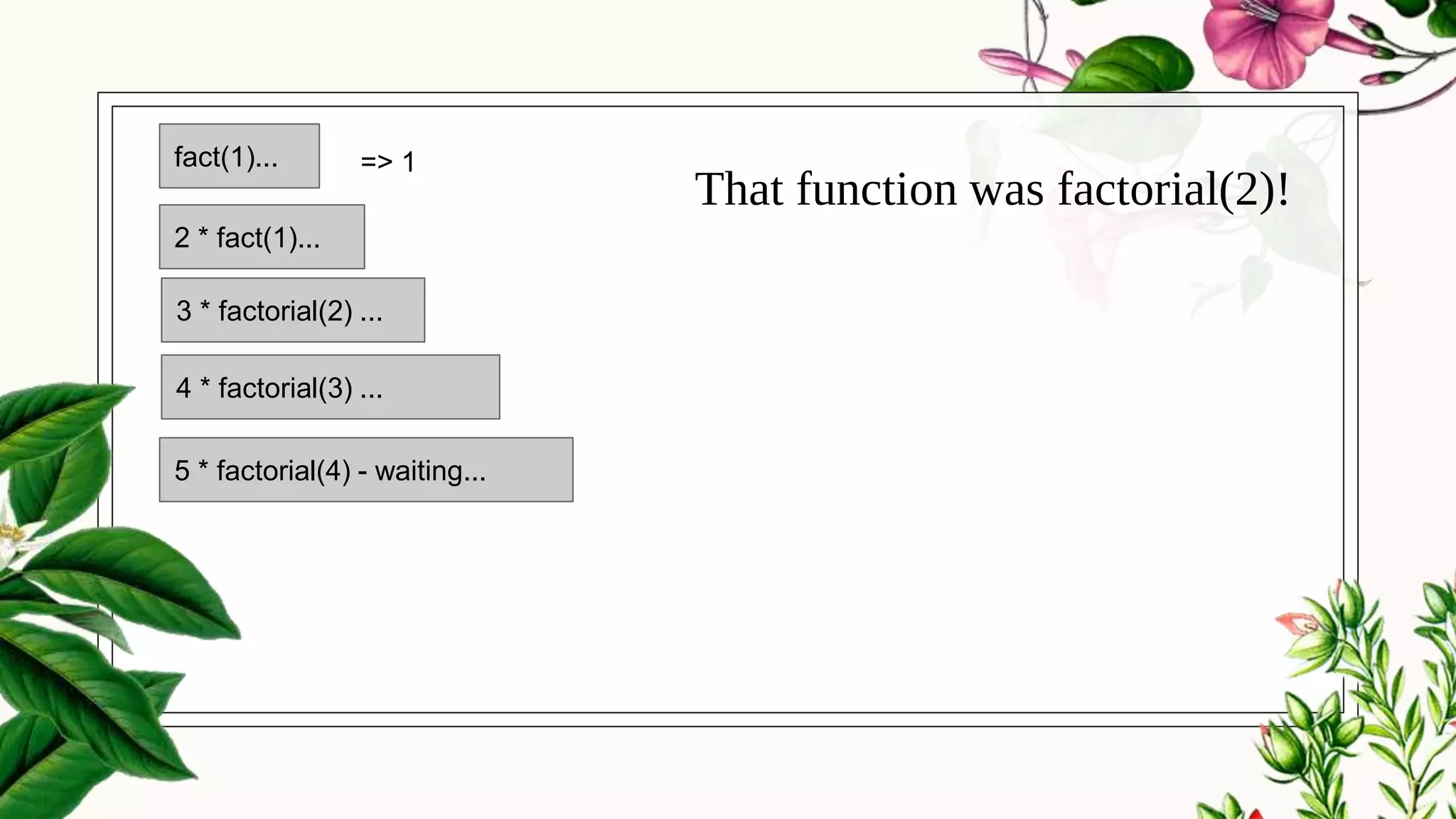 That function was factorial(2)!
5 * factorial(4) - waiting...
4 * factorial(3) ...
3 * factorial(2) ...
2 * fact(1)...
fact(1)... => 1
 