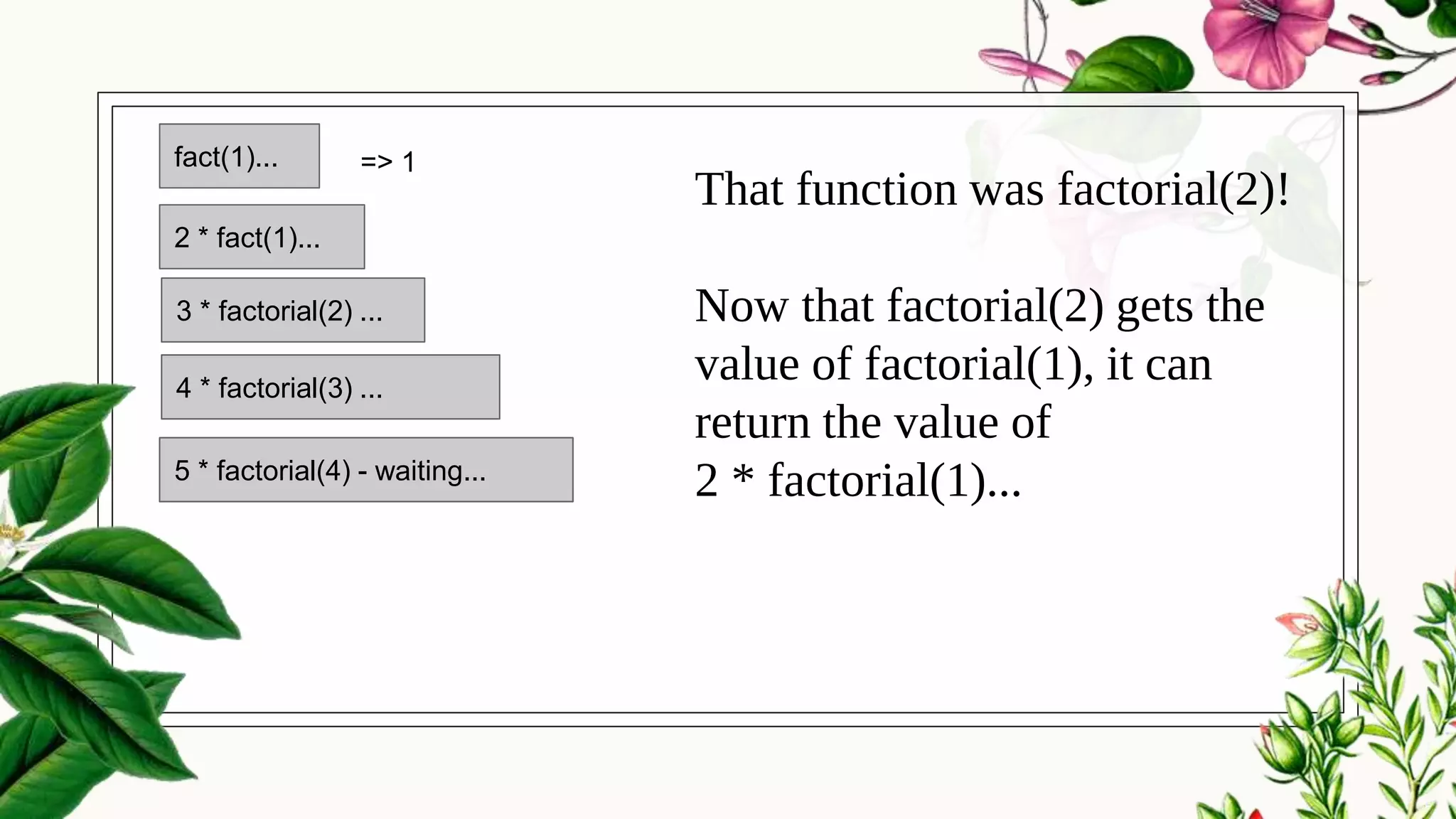 That function was factorial(2)!
Now that factorial(2) gets the
value of factorial(1), it can
return the value of
2 * factorial(1)...5 * factorial(4) - waiting...
4 * factorial(3) ...
3 * factorial(2) ...
2 * fact(1)...
fact(1)... => 1
5 * factorial(4) - waiting...
4 * factorial(3) ...
 