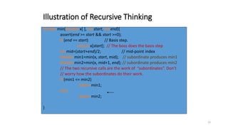 12
Illustration of Recursive Thinking
double min(double x[ ], int start, int end){
assert(end >= start && start >=0);
if (end == start) // Basis step.
return x[start]; // The boss does the basis step
int mid=(start+end)/2; // mid-point index
double min1=min(x, start, mid); // subordinate produces min1
double min2=min(x, mid+1, end); // subordinate produces min2
// The two recursive calls are the work of “subordinates”. Don’t
// worry how the subordinates do their work.
if (min1 <= min2)
return min1;
else
return min2;
}
 