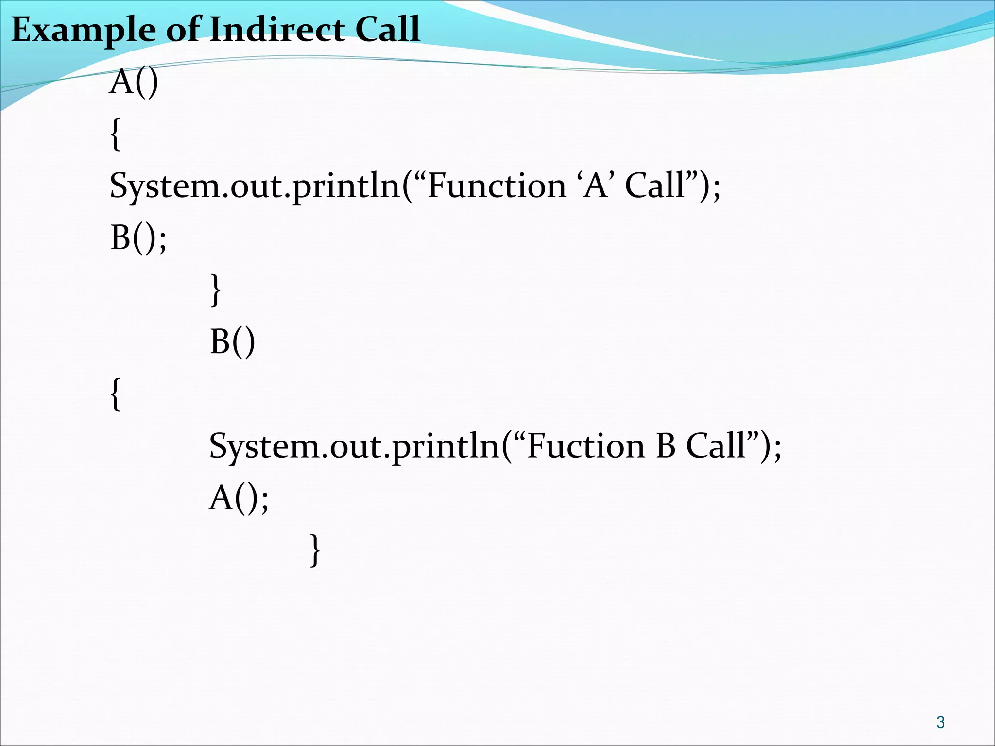 Example of Indirect Call
A()
{
System.out.println(“Function ‘A’ Call”);
B();
}
B()
{
System.out.println(“Fuction B Call”);
A();
}
3
 