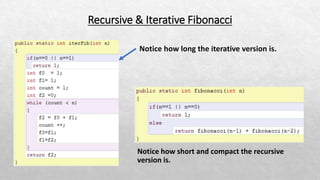 Recursive & Iterative Fibonacci
Notice how short and compact the recursive
version is.
 