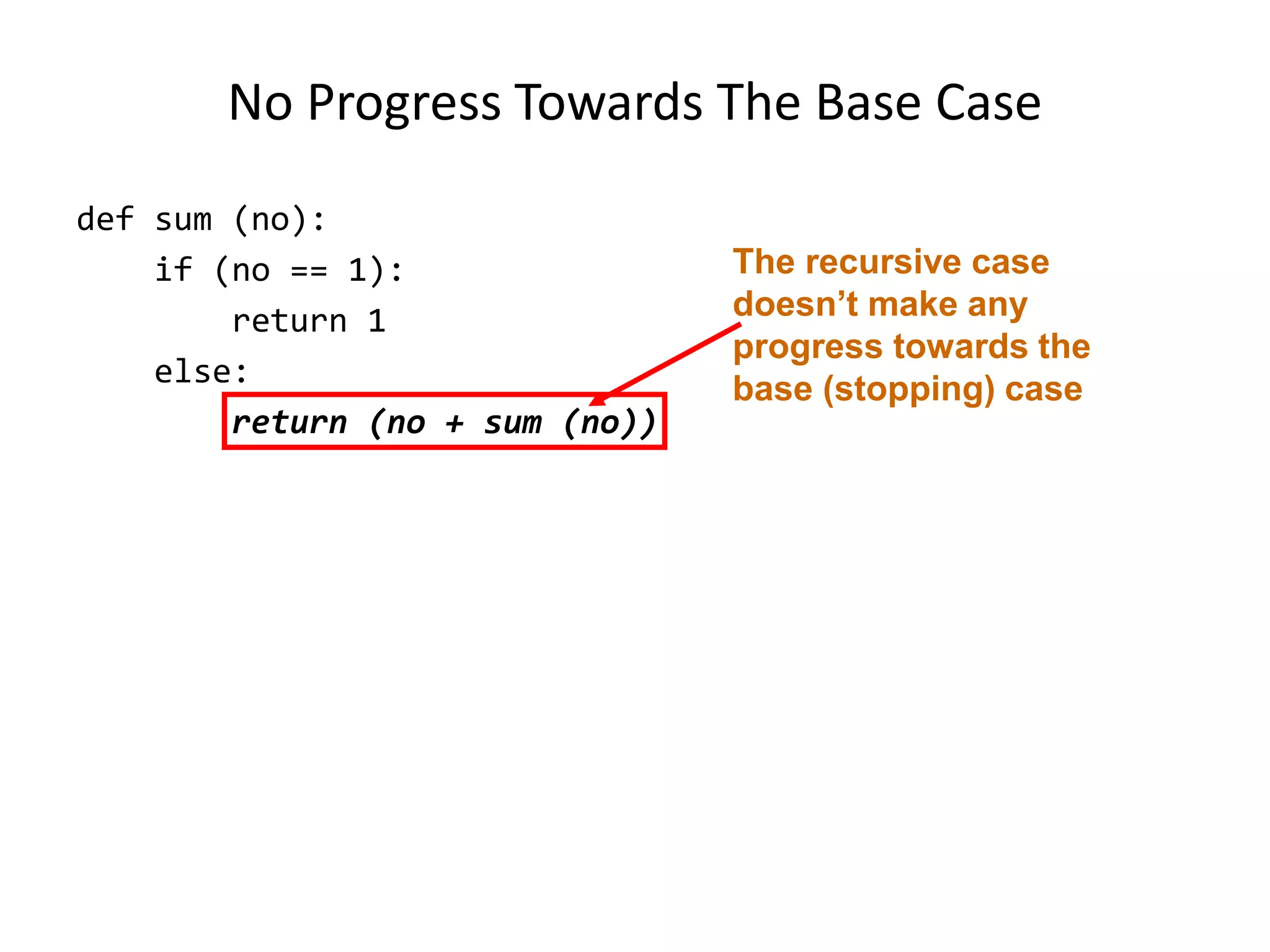 No Progress Towards The Base Case
def sum (no):
if (no == 1):
return 1
else:
return (no + sum (no))
The recursive case
doesn’t make any
progress towards the
base (stopping) case
 
