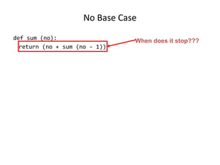 No Base Case
def sum (no):
return (no + sum (no - 1))
When does it stop???
 