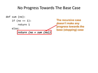 No Progress Towards The Base Case
def sum (no):
if (no == 1):
return 1
else:
return (no + sum (no))
The recursive case
doesn’t make any
progress towards the
base (stopping) case
 