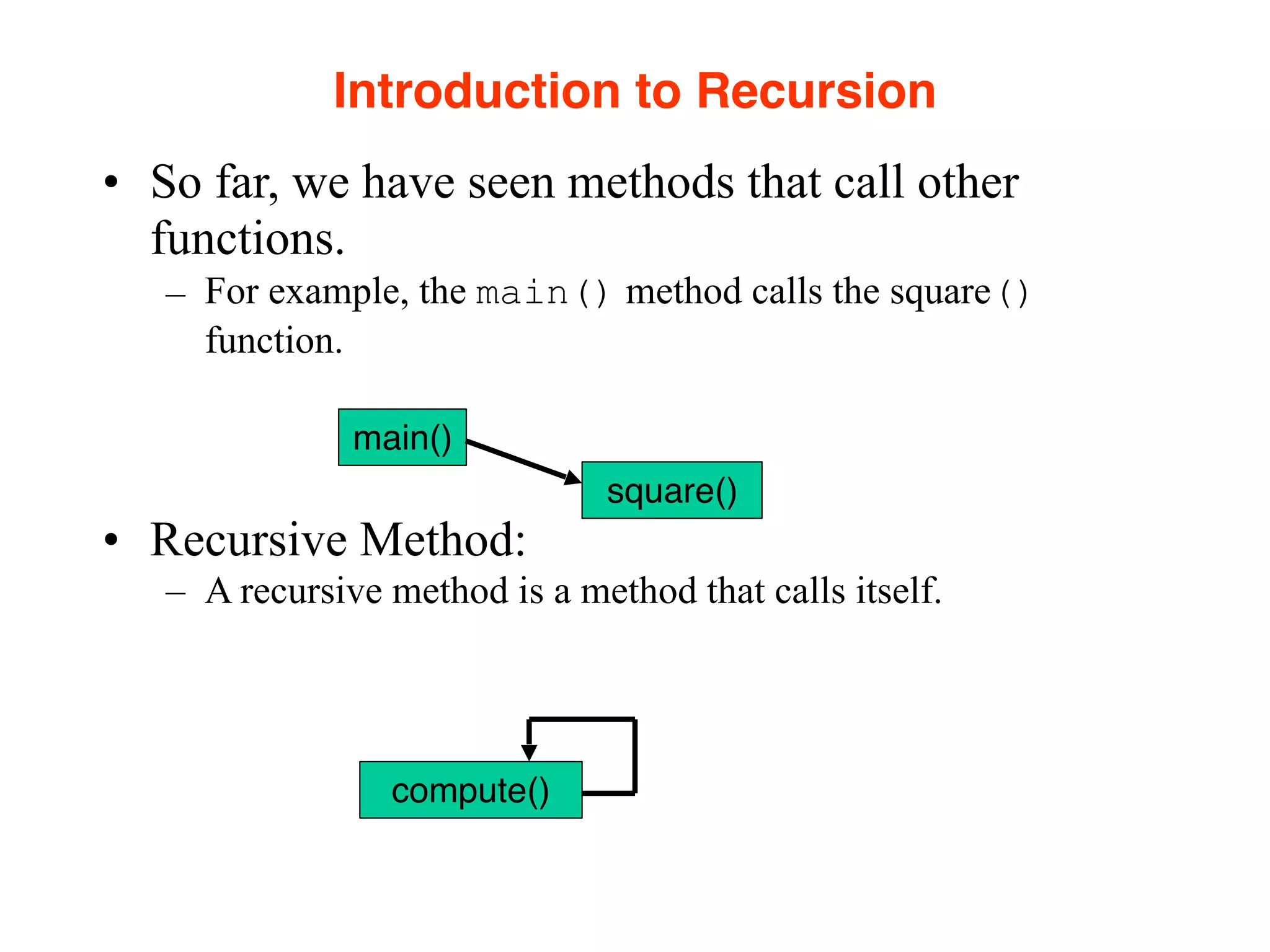 Introduction to Recursion
• So far, we have seen methods that call other
functions.
– For example, the main() method calls the square()
function.
• Recursive Method:
– A recursive method is a method that calls itself.
main()
square()
compute()
 