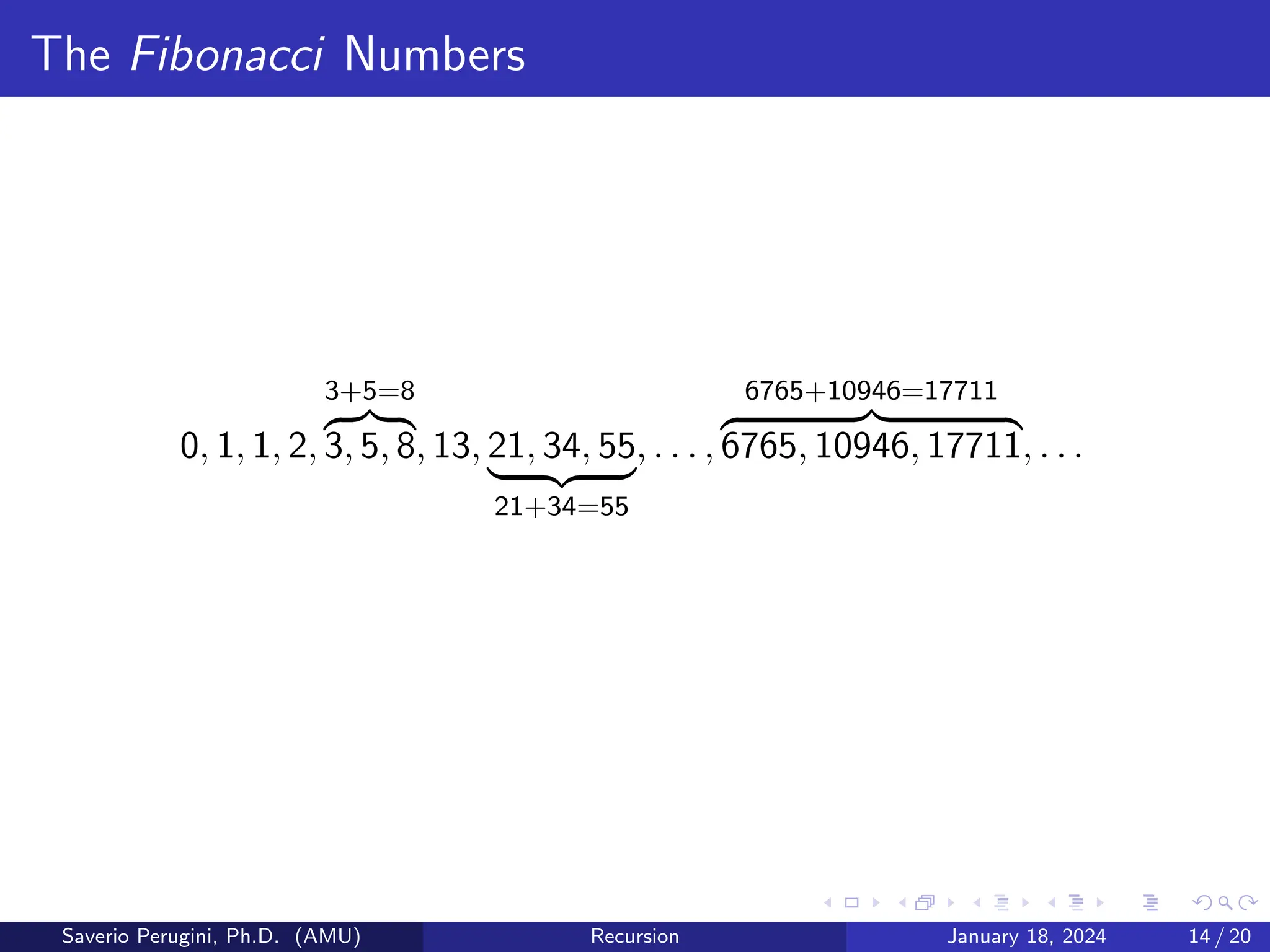 The Fibonacci Numbers
0, 1, 1, 2,
3+5=8
z }| {
3, 5, 8, 13, 21, 34, 55
| {z }
21+34=55
, . . . ,
6765+10946=17711
z }| {
6765, 10946, 17711, . . .
Saverio Perugini, Ph.D. (AMU) Recursion January 18, 2024 14 / 20
 