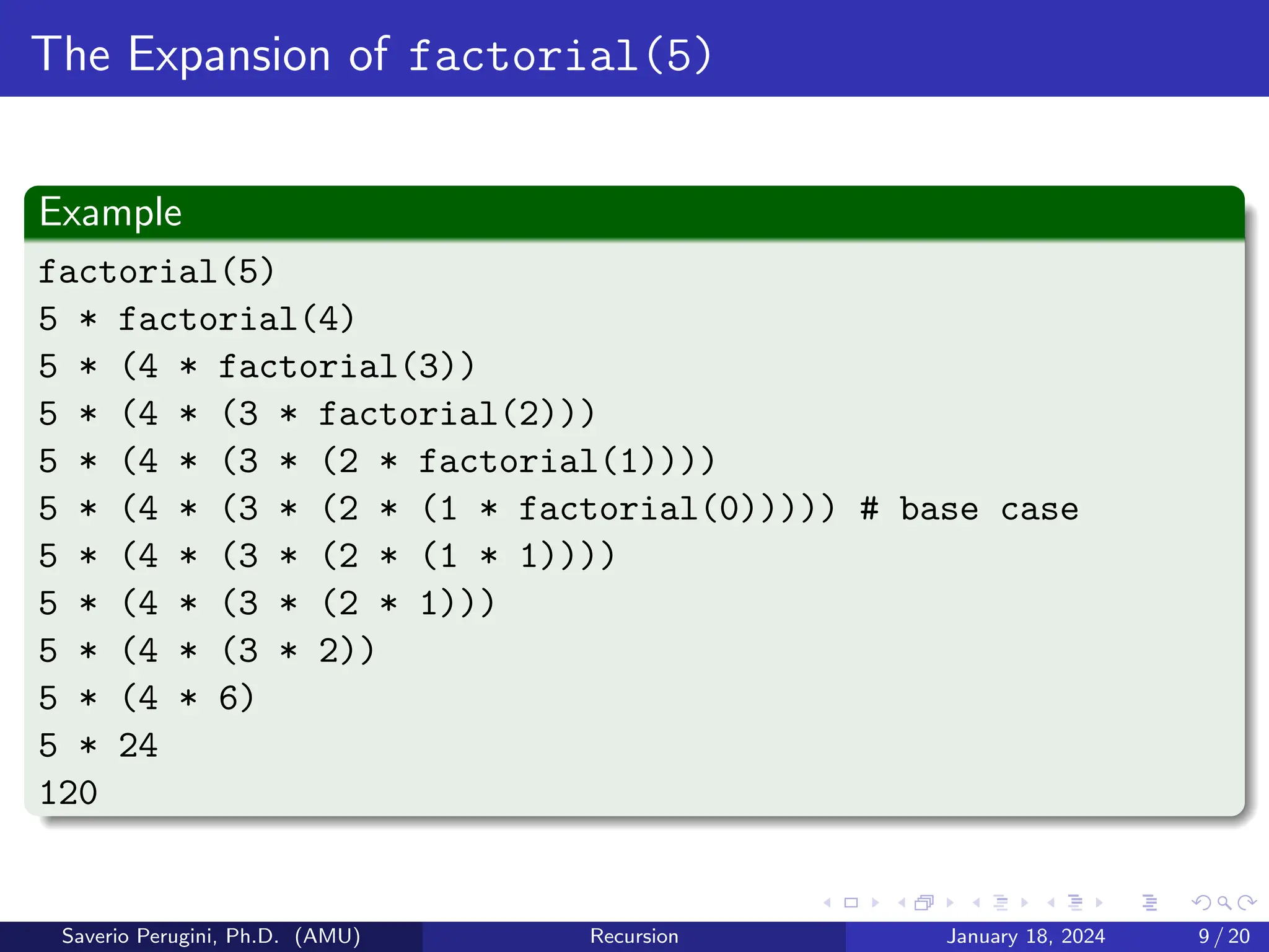 The Expansion of factorial(5)
Example
factorial(5)
5 * factorial(4)
5 * (4 * factorial(3))
5 * (4 * (3 * factorial(2)))
5 * (4 * (3 * (2 * factorial(1))))
5 * (4 * (3 * (2 * (1 * factorial(0))))) # base case
5 * (4 * (3 * (2 * (1 * 1))))
5 * (4 * (3 * (2 * 1)))
5 * (4 * (3 * 2))
5 * (4 * 6)
5 * 24
120
Saverio Perugini, Ph.D. (AMU) Recursion January 18, 2024 9 / 20
 