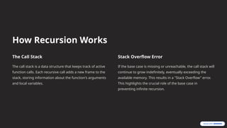 How Recursion Works
The Call Stack
The call stack is a data structure that keeps track of active
function calls. Each recursive call adds a new frame to the
stack, storing information about the function's arguments
and local variables.
Stack Overflow Error
If the base case is missing or unreachable, the call stack will
continue to grow indefinitely, eventually exceeding the
available memory. This results in a "Stack Overflow" error.
This highlights the crucial role of the base case in
preventing infinite recursion.
 